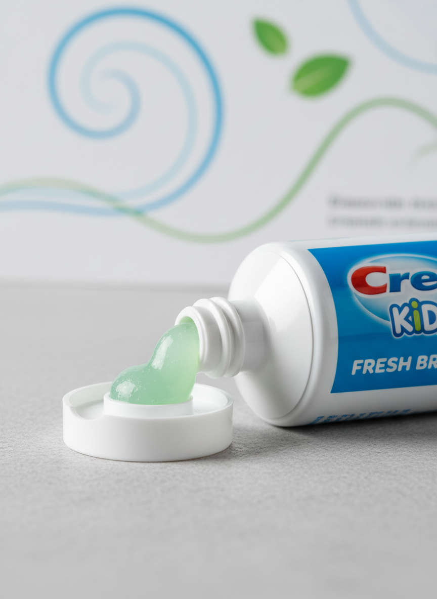 A close-up, side-angle photographic shot of the open cap of a fictional Crest Kids Fresh Breath Toothpaste tube, with a small bead of pale mint-green gel emerging from the nozzle. The gel has a smooth, glossy texture with tiny, barely visible sparkling flecks that suggest freshness without appearing glittery. The tube rests on a light gray, softly textured surface like matte stone. In the blurred background, subtle hints of illustrated breath waves and mint leaves printed on a piece of paper suggest fresh breath research diagrams. Cool, directional studio lighting from the right creates delicate highlights on the gel and a soft shadow to the left, with a calm, analytical mood that supports a school blog exploring product need and formulation.