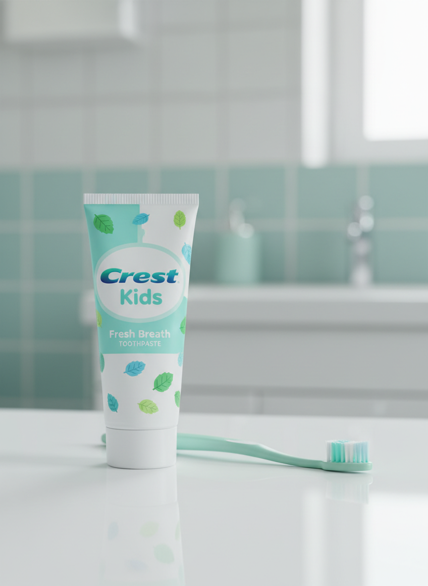 A sleek tube of fictional Crest Kids Fresh Breath Toothpaste, in a clean white and soft turquoise design with playful abstract mint leaf icons, stands upright on a glossy white bathroom counter. Beside it lies a child-sized toothbrush with extra-soft bristles in mint and pastel blue. The background shows a softly blurred sink and tiled wall in pale aqua and white, suggesting a modern family bathroom. Cool, diffused morning light from an unseen window creates gentle reflections on the tube and counter, emphasizing cleanliness and freshness. Shot at eye level with a shallow depth of field, the composition is centered and uncluttered, in photographic realism, conveying a professional, trustworthy, and mildly clinical mood suitable for a school research blog about children’s oral care.