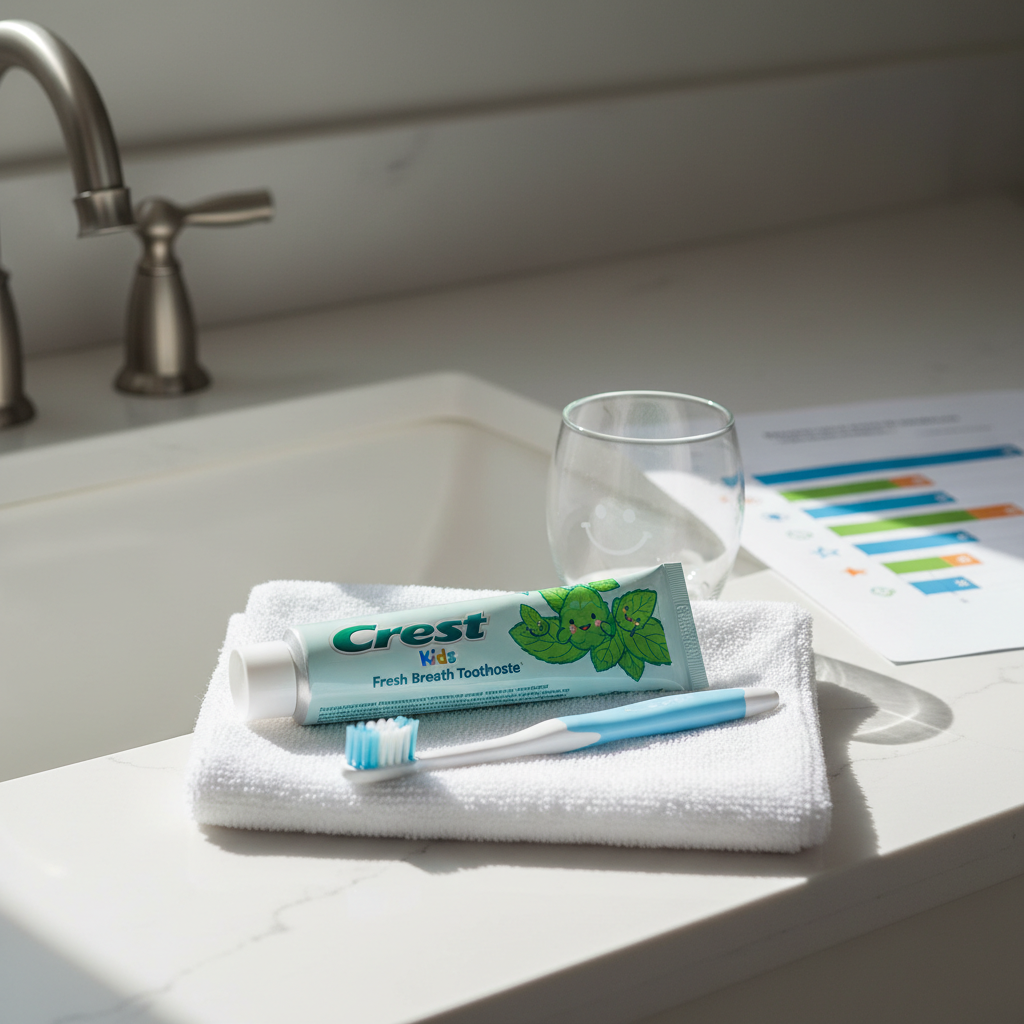 A detailed photographic realism image of a minimalist bathroom sink area staged for a school project on kids’ fresh breath habits. A fictional Crest Kids Fresh Breath Toothpaste with a gentle mint-themed design lies diagonally across a folded white hand towel, next to a child-sized toothbrush and a tiny clear cup labeled only with a simple icon, no text. On the quartz countertop sits a printed chart with colorful bars and icons representing survey results about children’s toothpaste preferences, intentionally out of focus so no words are legible. Soft, diffused natural daylight from an unseen window illuminates the scene, casting understated shadows and subtle reflections in the faucet. Shot at a three-quarter angle with moderate depth of field, the mood is calm, credible, and research oriented.