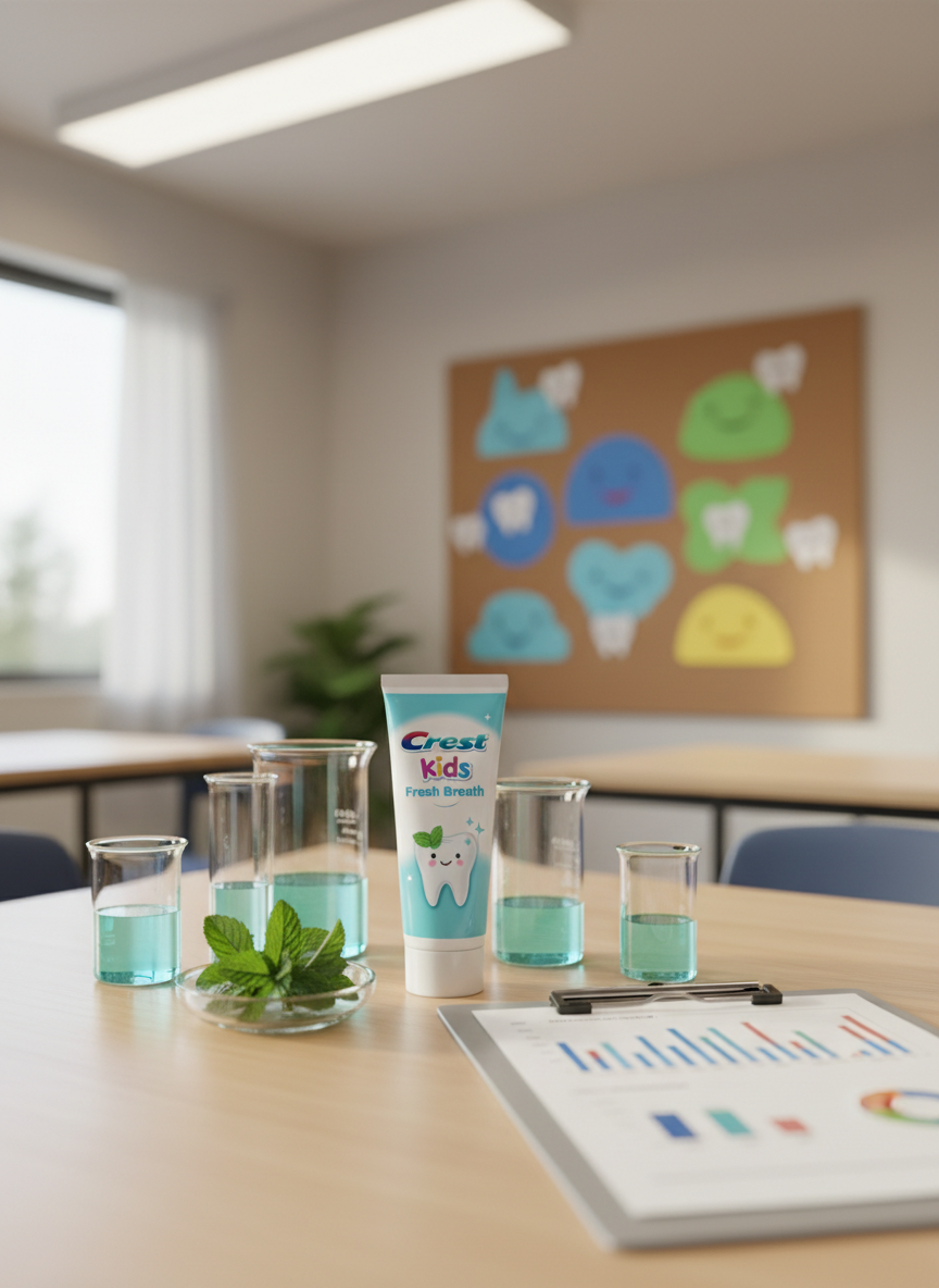 A photographic realism scene of a tidy classroom science corner focused on kids’ oral health research, with a fictional Crest Kids Fresh Breath Toothpaste tube centered on a light wood tabletop. Around it are neatly arranged items: clear beakers filled with tinted pale turquoise water, a clipboard with anonymous charts and graphs about children’s bad breath solutions (no readable text), and mint leaves in a small glass dish. The background shows a softly blurred bulletin board with colorful, abstract shapes and tooth icons, no words. Warm overhead classroom lighting mixes with cool window daylight from the side, creating balanced, even illumination. Shot from a slightly elevated angle, the scene feels organized, educational, and professional, ideal for a blog discussing market research opportunities for new kids’ toothpaste ideas.