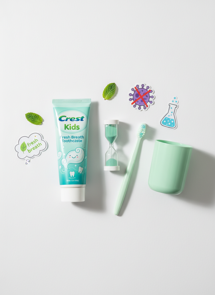 An overhead photographic view of a neatly arranged kids’ oral care flat lay, featuring a fictional Crest Kids Fresh Breath Toothpaste tube with a mild mint color scheme, a small sand timer, a mint-green cup, and a soft-bristled child toothbrush. Everything is placed on a spotless white background with a subtle texture, like matte poster board. Scattered near the tube are small, non-branded mint leaves and illustrated-style icons on paper representing fresh breath and germs, hinting at science and hygiene. Soft studio lighting from the top left creates minimal, crisp shadows and a bright, clinical feel. The composition uses rule of thirds with generous white space, emphasizing organization, research, and educational clarity for a professional blog about kids’ toothpaste concepts.
